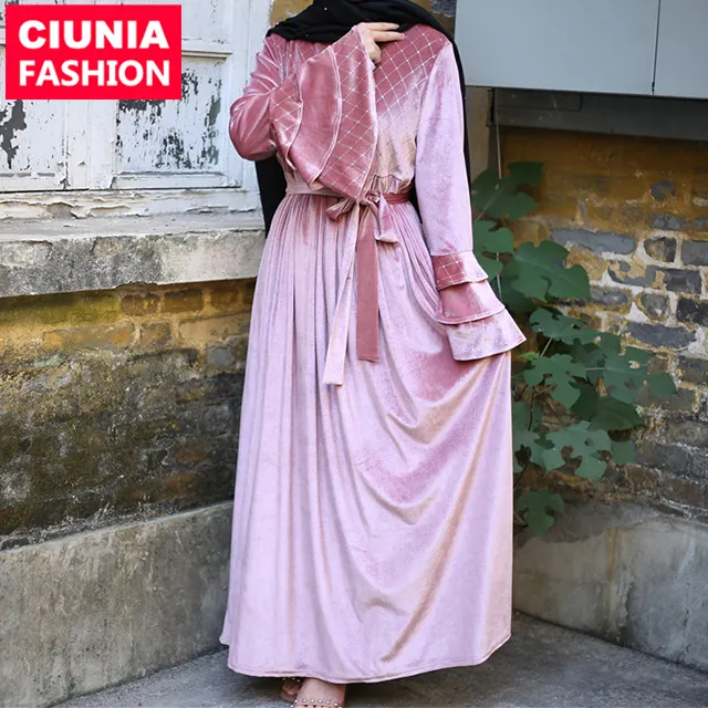 Vestidos musulmanes de manga larga para mujer, ropa turca islámica de terciopelo, moda de invierno, venta al por mayor, 6221