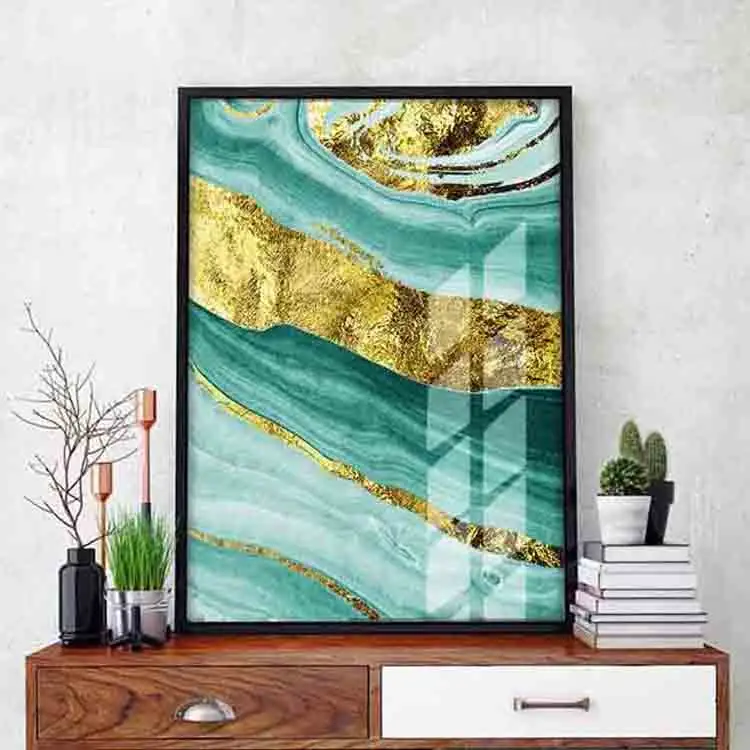 Desenho abstrato de folhas claras para decoração de sala de estar, modelo de tela suspensa com textura esmeralda, estilo de tela personalizado de luxo dourado