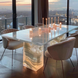 Mesa de comedor de Jade Natural de lujo, mesa de comedor de Isla de gama alta Rectangular moderna con parte superior de mármol de gama alta de Piedra Rosa luminosa - Product Image 2