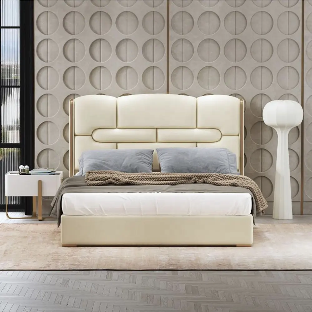 Современные кровати с обивкой больших и больших размеров, кровати из натуральной кожи, металлические кровати с прикроватным столиком, набор с изображениями дизайнеров