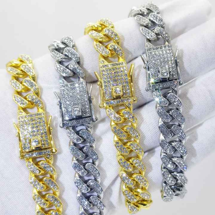 Men's Gold-Plated Cuban Chain with 13mm Moissanite Chain Diamonds Chain, Iced Out Hip-Hop Style Necklace & Bracelet