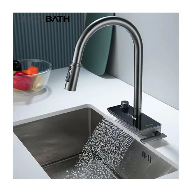 ORTONBATH Square Base Smart High-End Kupfer Wasserfall Niederschlag Digital anzeige Drehbarer Küchen armatur Küchen spüle Wasserhahn