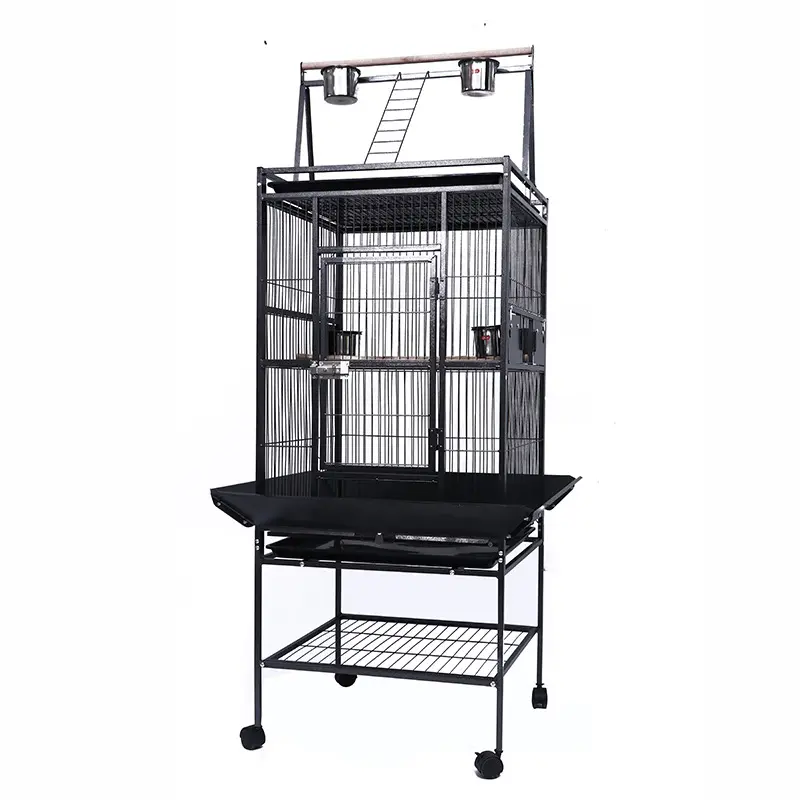 Wholesale Low Price Luxury Big Space Black Stainless Steel Metal Iron Parrot Canary Budgie Pet Bird Cage With Wheels