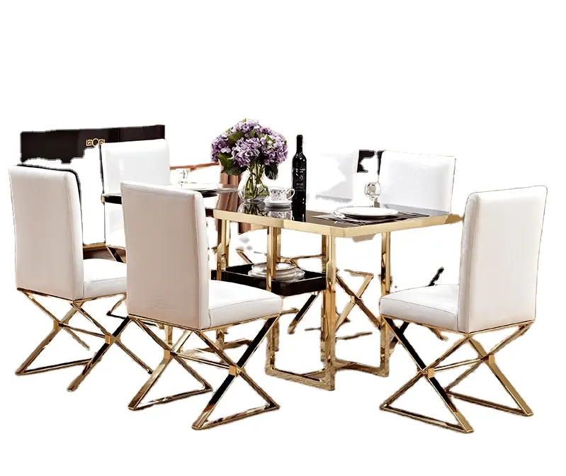 New modern marble top stainless steel dining table set Stainless Steel Tempered Glass