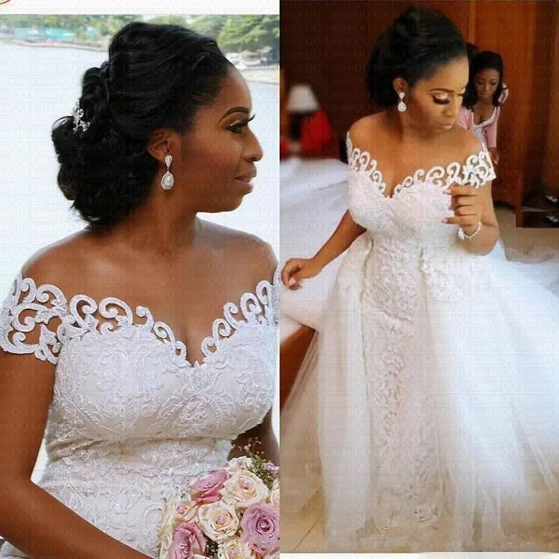 Robes De Novia Africaine Travail Manuel Cou Transparent Plus La Taille Dentelle De Mariée Deux En Un Manches Courtes Robes De Mariée MWA1000