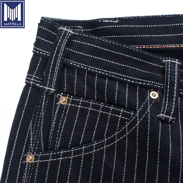 14oz peso pesado slim fit pinstripe selvge, república jeans, bolso traseiro, bordado