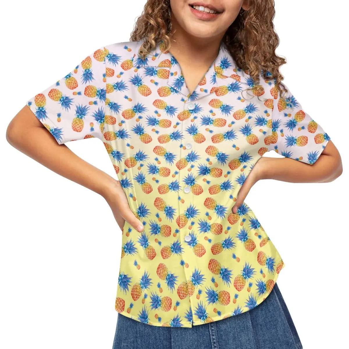 Etichetta personalizzata per bambini colore sfumato monopetto camicie con bottone in stile Hawaii a manica corta Plus Size maglietta da spiaggia ananas con stampa 3D