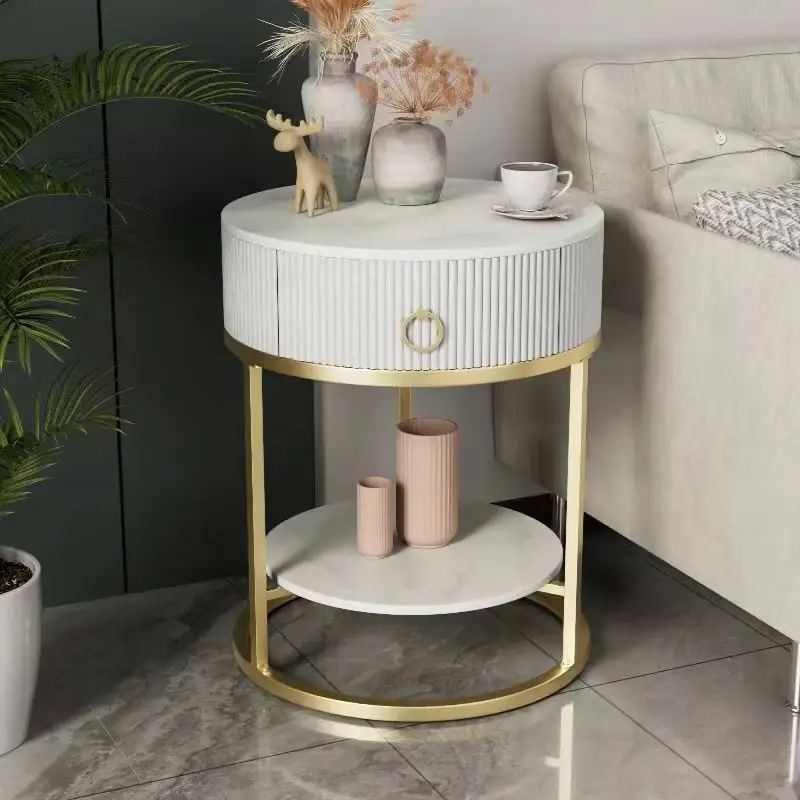 Table de thé moderne de luxe à tiroir rond en forme de plaque de roche Table d'appoint simple pour canapé de salon