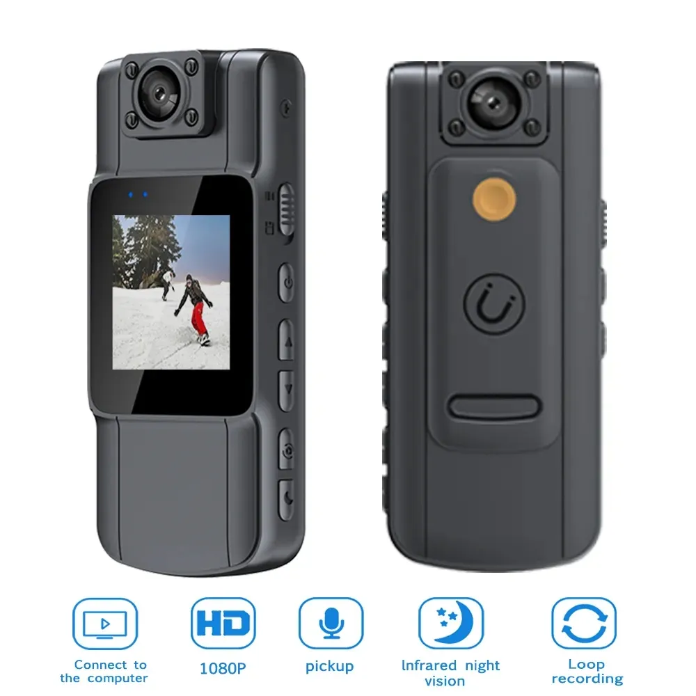 Mini cámara con pantalla HD IPS Lente giratoria y clip trasero Full HD Cámara desgastada por el cuerpo Videocámara de bolsillo portátil Bodycam