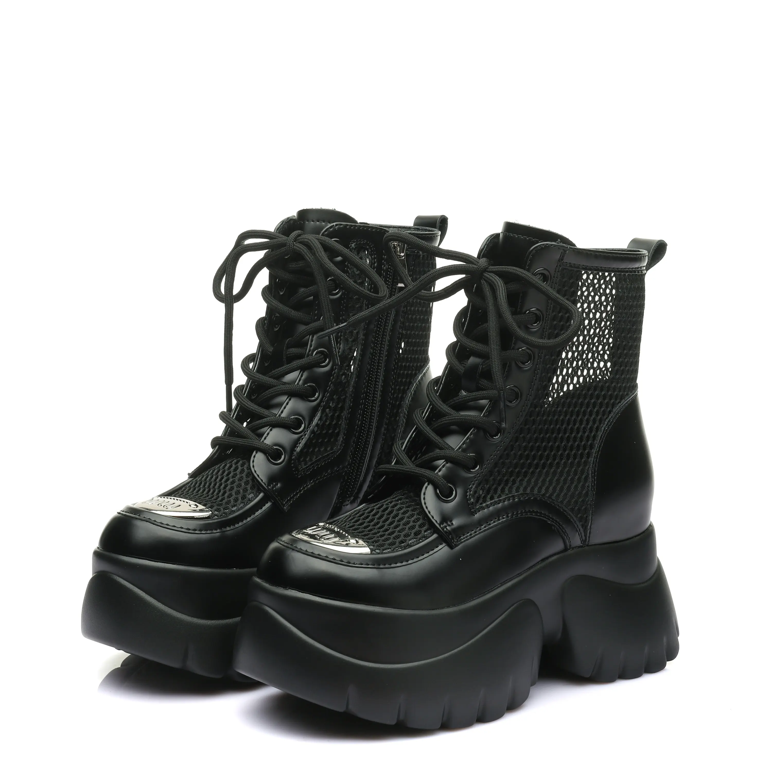 Designer Fashion Breathable Mesh Metal Buckle Zipper up Yicheng Boots Leather High Platform Boots