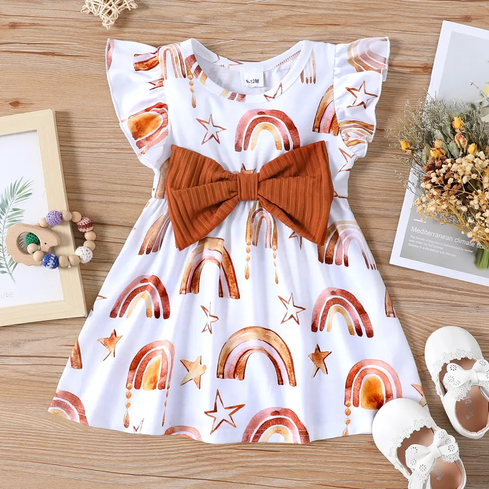 Baby Meisjes Casual Spandex Katoenen A Line Jurk Fladdermouw Ronde Hals Strik Taille Twirl Midi Print Jurken