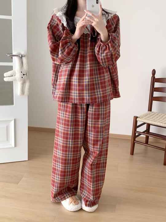 Red Nightgown Vintage Lace Trim Collar Plaid Pajamas Long-sleeved Sweet Nightdress Cute Princess Wind Sleepwear