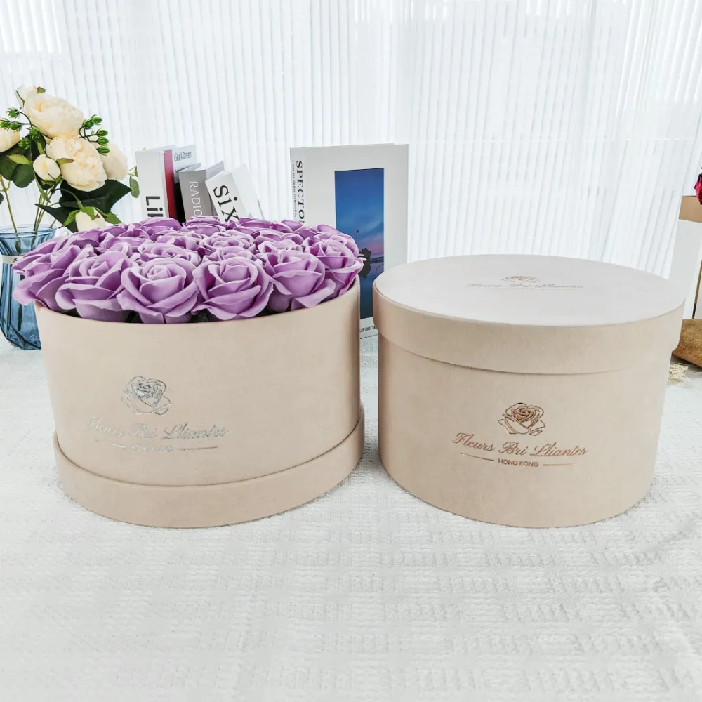 Scatola di fiori per cappelli di forma rotonda di alta qualità per scatole di Bouquet con esposizione di fiori con scatola di fiori rotonda in velluto con Logo con Design a nastro