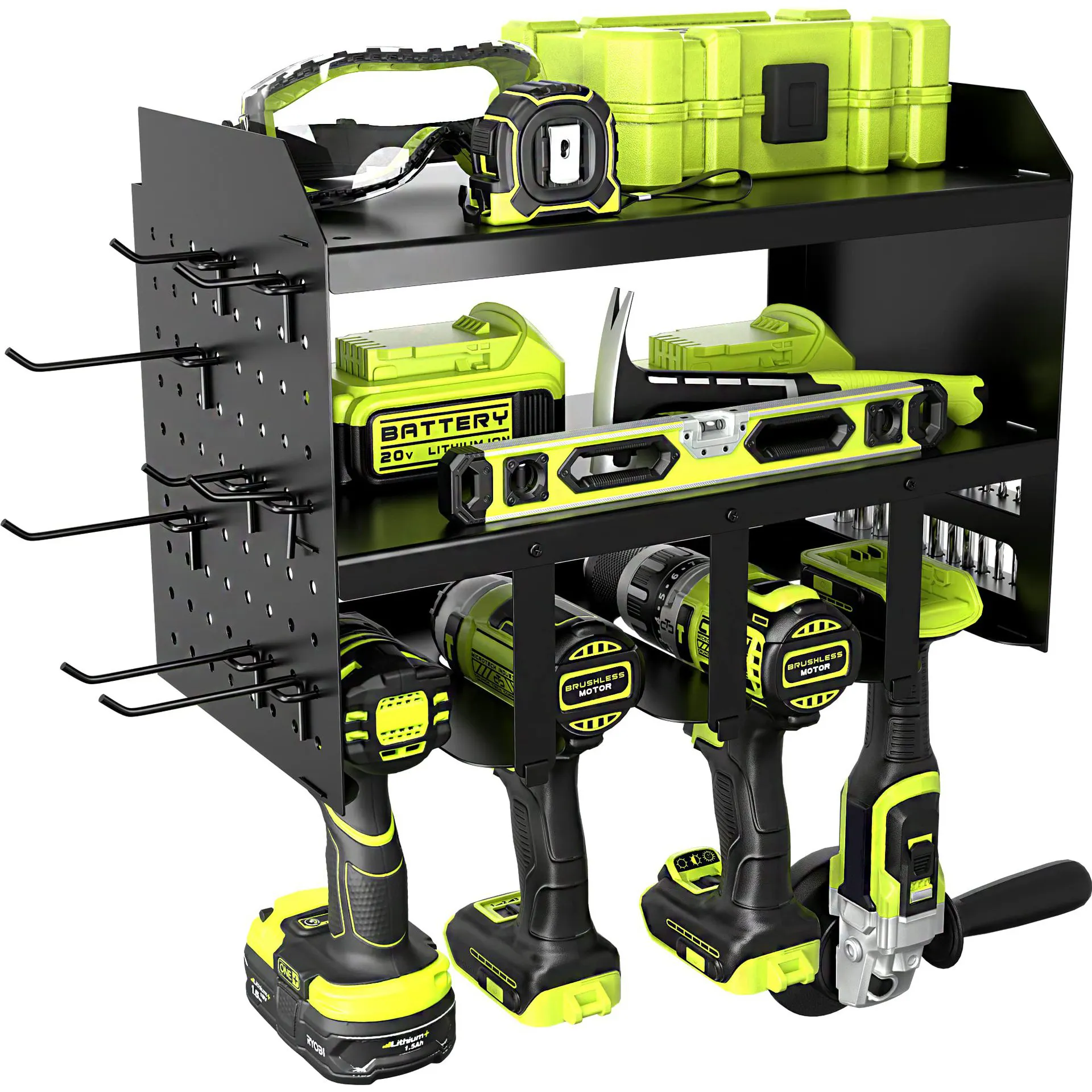 Rangement de panneaux perforés pour outils électriques flottants à 4 couches Supports d'outils durables en métal Organisateur de puissance lourde Supports muraux pour garage