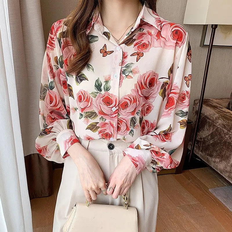 Blusa feminina estampada floral estilo coreano, blusa feminina de manga comprida com estampa floral, moda feminina primavera outono 2022