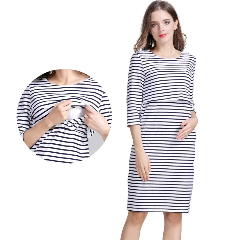 RTS-vêtements de maternité à rayures pour femmes enceintes, robe d'allaitement pour femmes, tissu en coton doux, bon extensible, grande taille