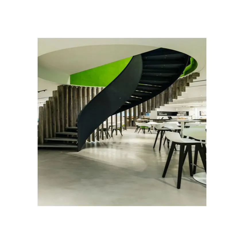 Escalera espiral de acero al carbono personalizada, escalera curva de hierro fundido, peldaños de madera