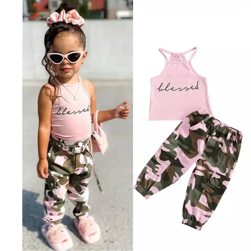 Ropa de bebé de estilo caliente personalizada niños pequeños niñas diseñadores de moda chaleco Halter pantalones de camuflaje conjuntos conjunto de Ropa para Niñas