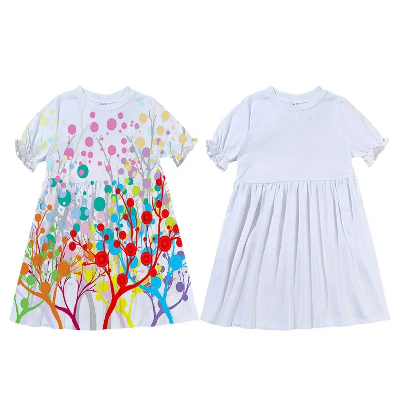 High Quality US Size Customized Logo Infant Toddler Pleat Dress With Flare Sleeve Sublimation Puff Sleeves Child Dress