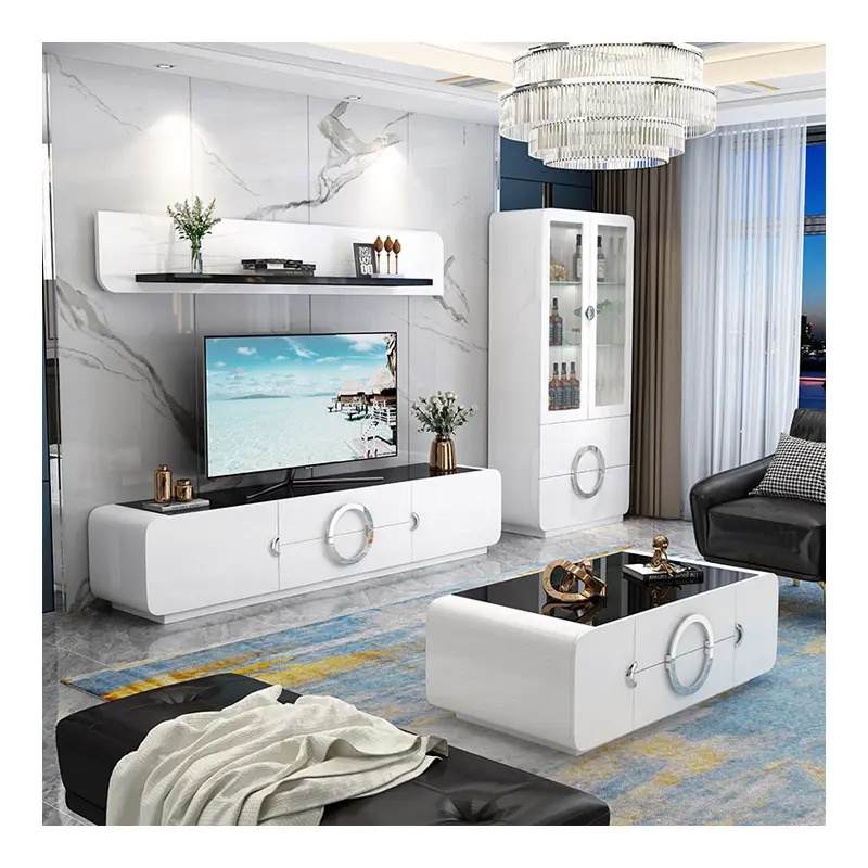 Meuble TV or et blanc au design moderne d'usine Unité murale de mobilier de maison de luxe Support TV avec table basse pour le salon
