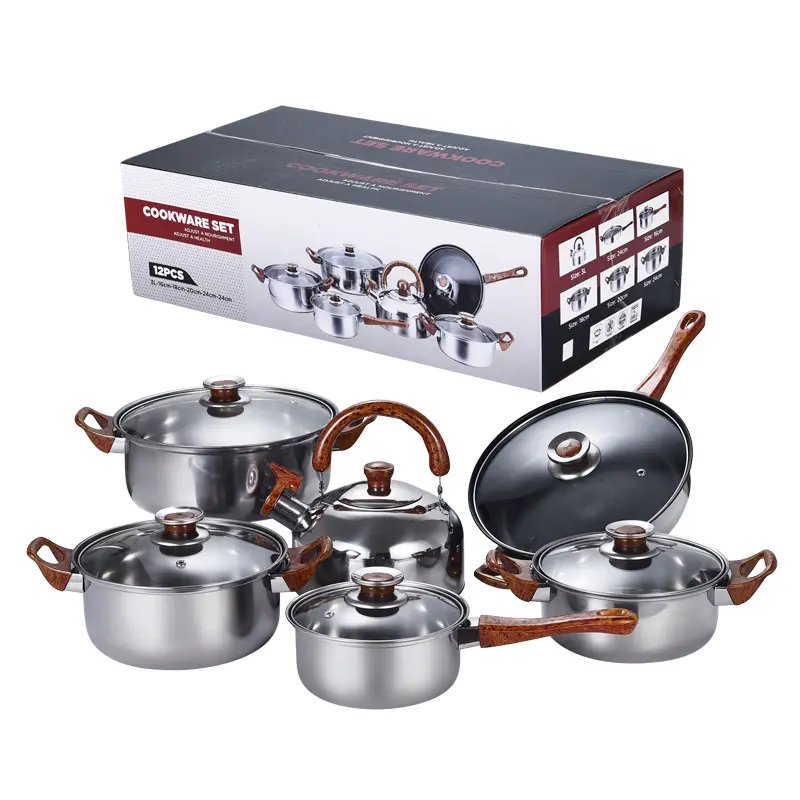 Set peralatan masak Stainless Steel, Set panci dan panci memasak anti lengket mewah 12 buah