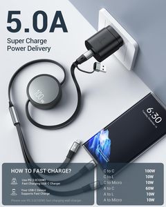 CAFELE 5 in 1 Retractable 100W Fast Charging Cable USB A USB <strong>C</strong> Date USB Cable PD3.0 5A Multi Type <strong>C</strong> Charge <strong>Code</strong> for Phone 16 - Product Image 2