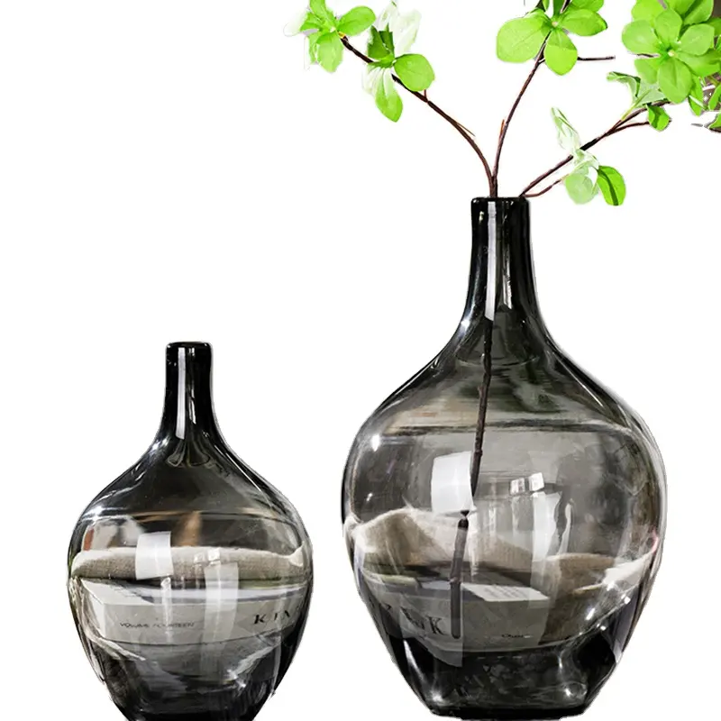 Décoration Le Vase en Verre Rond Plat Brillant Style Pays Nordique Européen Noir Transparent Vases en Verre à Fleurs Faits à la Main