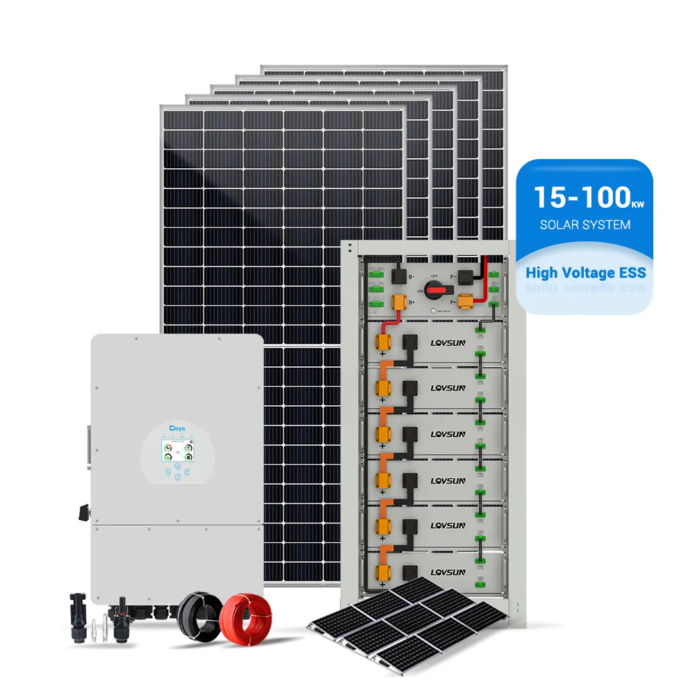 Deye 50KW 100KW sistema solare ibrido comercial ad alta tensione completo pannelli solari completamente neri con batterie ad alta tensione