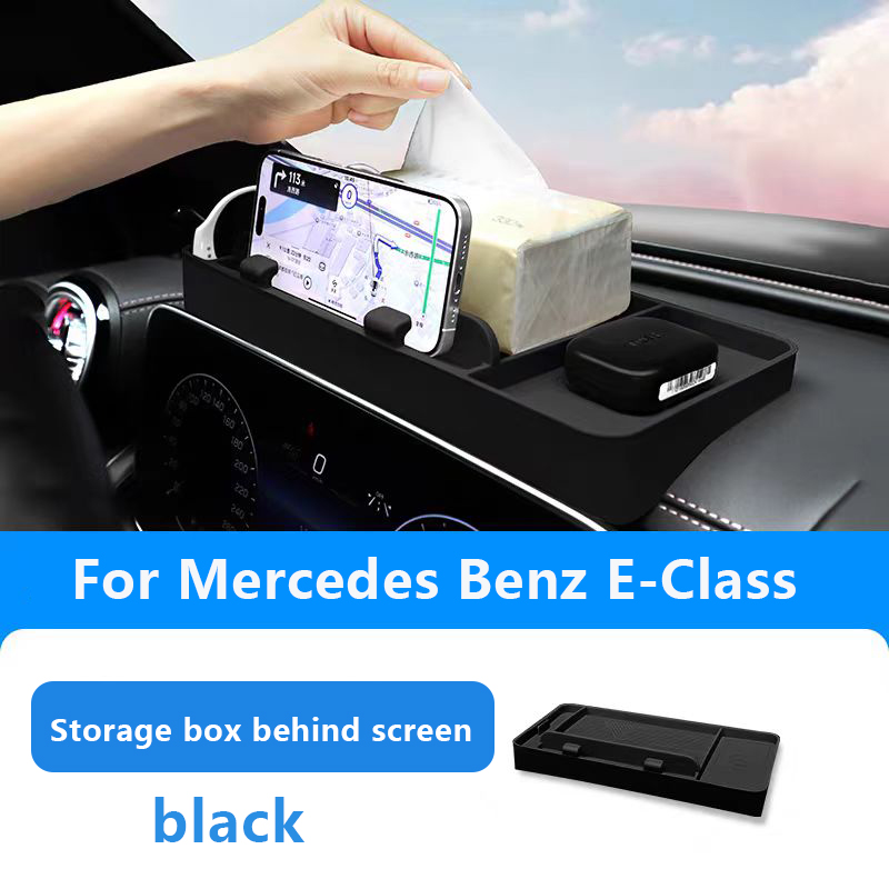 Boîte de rangement noire pour Mercedes Benz Classe E, derrière l'écran.