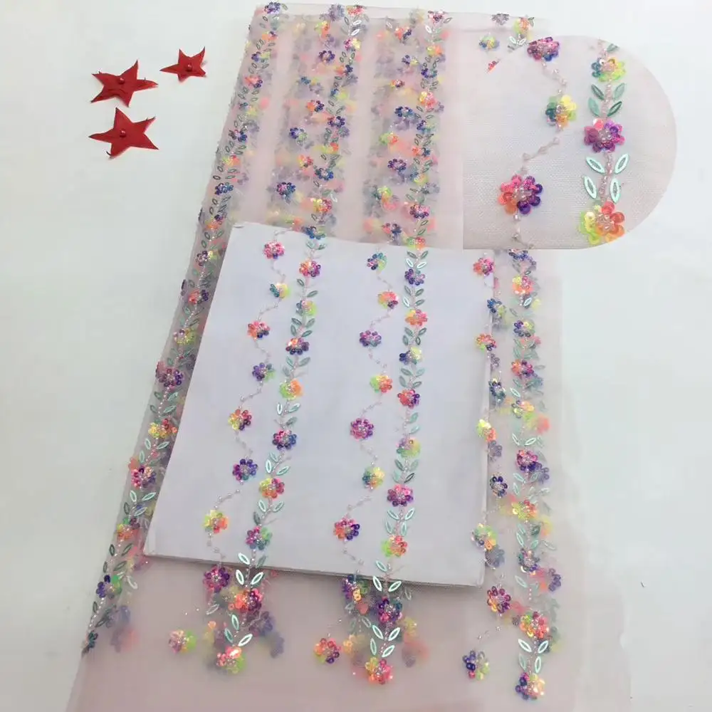 Novo design 3d floral sequin tecido de renda líquida bordado
