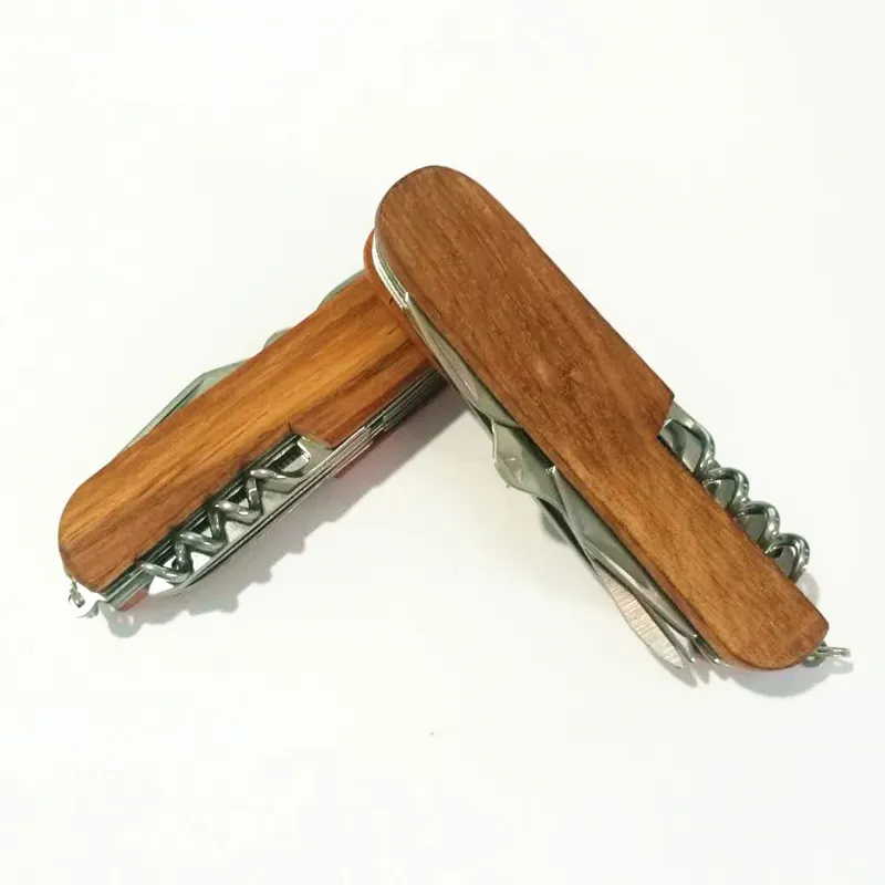 Multifunzionale svizzero coltello pieghevole portachiavi multi strumento coltello da tasca coltello con manico in legno