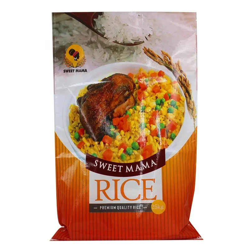 Saco de plástico laminado para embalagem de arroz, tamanho de tecido 20kg 30kg 50lb bopp 25kg, saco de embalagem de arroz, polipropileno