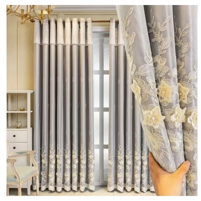 European Luxury Double Layer Blackout Curtain Window Curtains Woven Sheer Match with Embossed Fabric for Home, 4D Embroidered