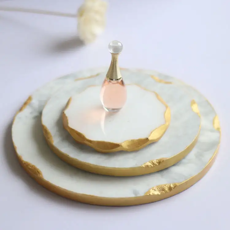 Banquet tableware golden edge round natural marble stone serving tray organizer for display jewelry luxury serving tray set