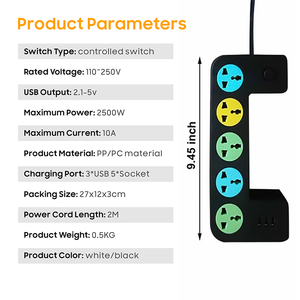 2m Cable 5 Mercados 3 Puertos USB Enchufes de extensión Enchufes múltiples Tomas de corriente eléctricas inteligentes - Product Image 6