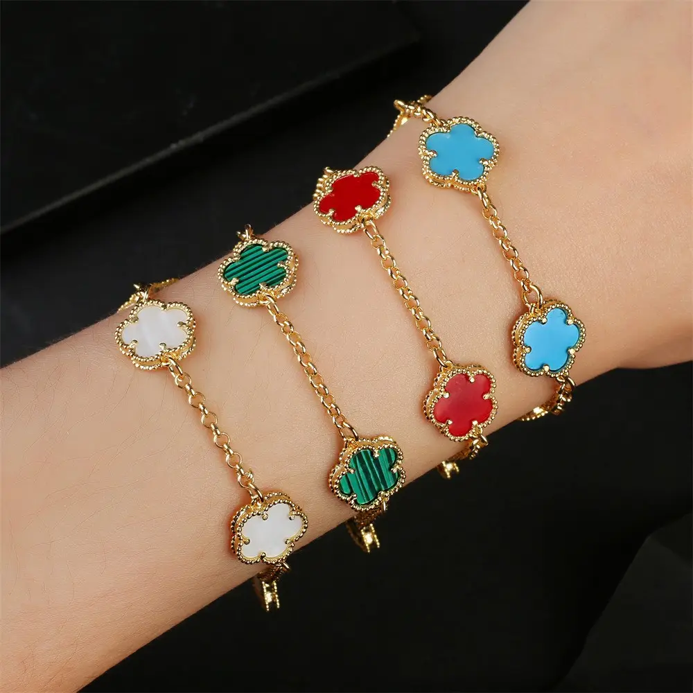 Vier Blad Klaver Vijf Blad Bloem Kleurrijke Natuurstenen Gouden Armband Mode Sieraden Meisje Vrouwen Verstelbare Armbanden