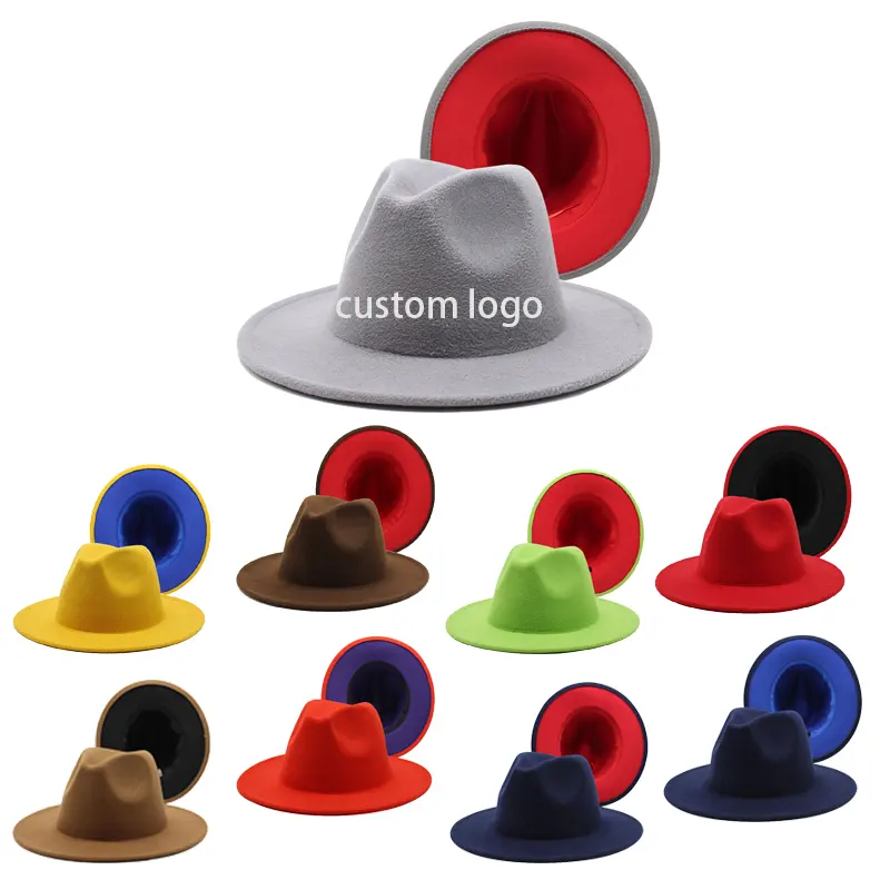 Diskon besar-besaran topi Fedora bawah merah 40 warna topi wanita pesta cetak kustom Fedora 2 Tone untuk wanita