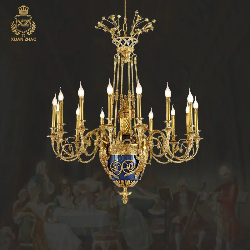 XingZhong 유럽 클래식 골동품 15 헤드 구리 펜던트 빛 프랑스 금속 체인 샹들리에 황동 빌라 거실 램프