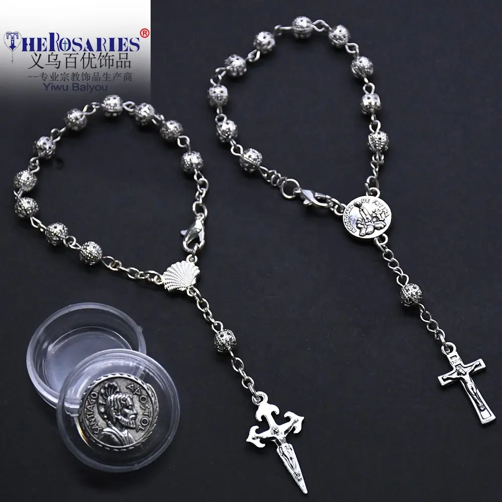 Bracciale rosario in metallo argento antico conchiglia o Fatima con scatola Set regalo cattolicesimo perline di preghiera religiosa rosari