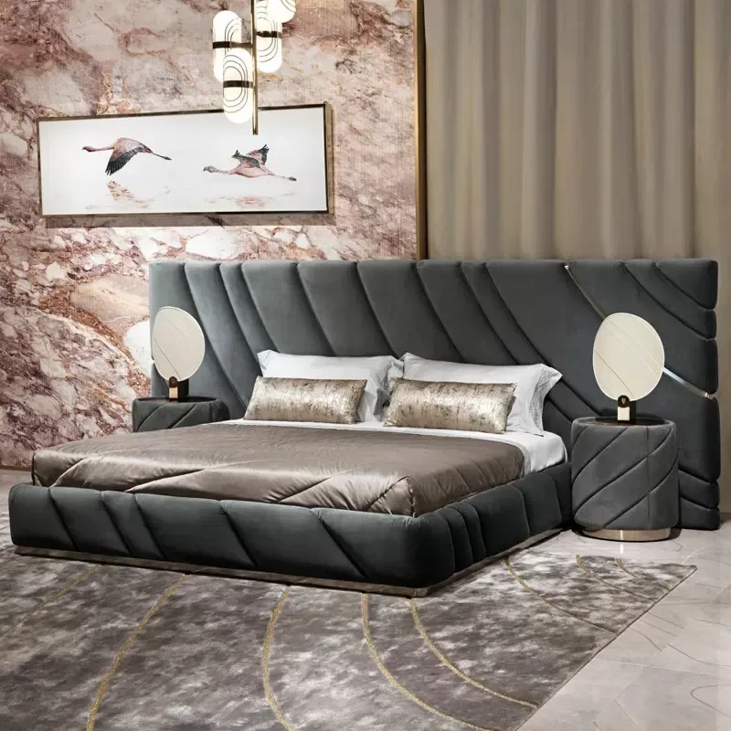 Dernier modèle de lit de grande taille, style italien, cuir, tête de lit haute, ensemble de lit double en bois, meubles de chambre à coucher king size