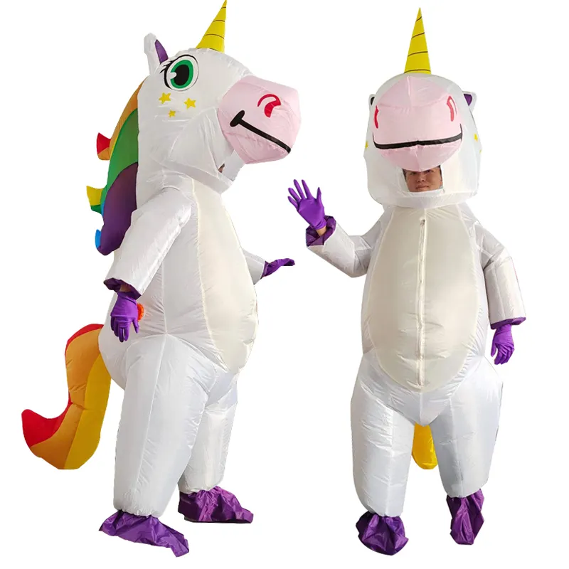 Mainan kostum tiup hewan tiup, kostum maskot setelan lemak untuk pesta liburan kartun Unicorn mengembang untuk dewasa