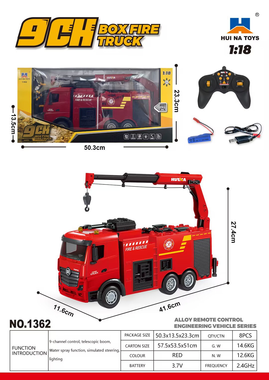 1/18 9CH Semi Alloy RC Box-type fire truck (hook)