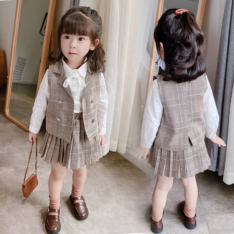 Conjunto de ropa para niña, traje de otoño para niña, chaqueta a cuadros, pantalones superiores, chándal escolar para niña, ropa Formal, 3 uds.