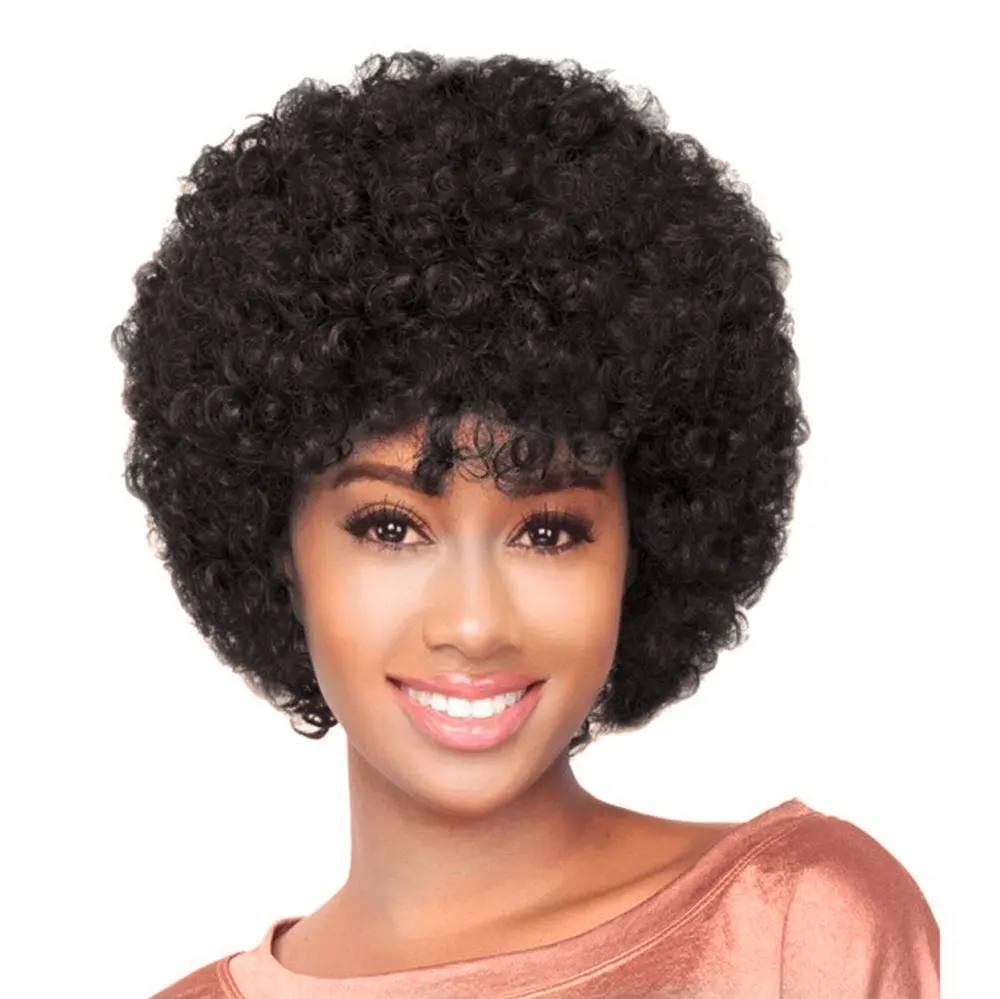 女性のためのVigorous Kinky Curly Hair Afro Short Natural Color Syntheticふわふわアフリカ系アメリカ人コスプレウィッグ