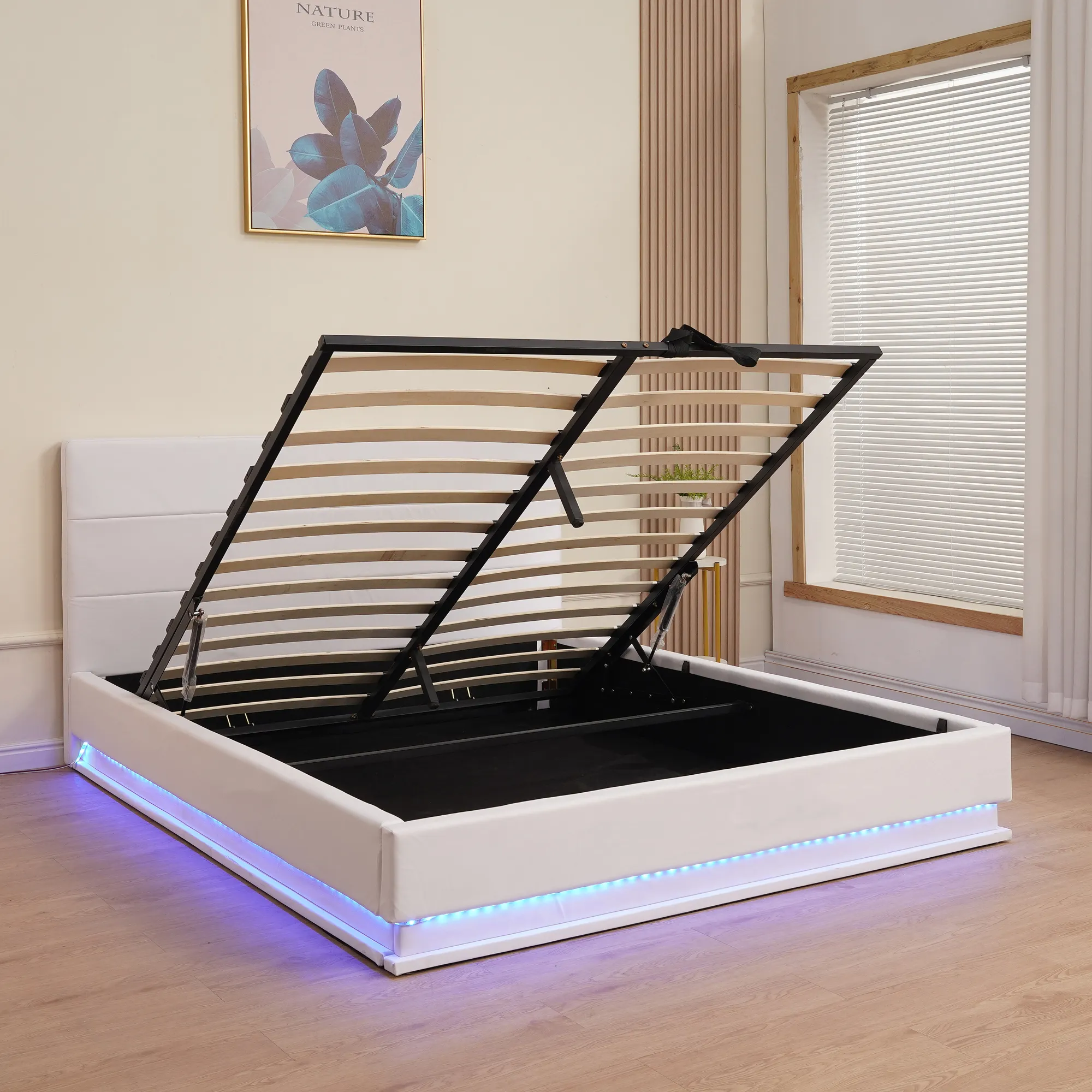 3面LEDライトガスリフトベッドフレーム収納ベッドスタイリッシュな寝室の家具合板木製スラットベッドベース