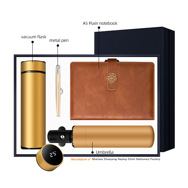 gold-(flask+notebook+pen+umbrella )
