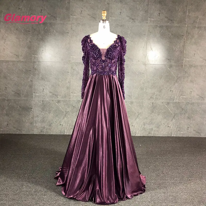 Robe de soirée en Satin coloré pour femmes, manches violettes, Sexy, perlage à la main, robe trapèze, robe longue de formelles élégante pour femmes rondes