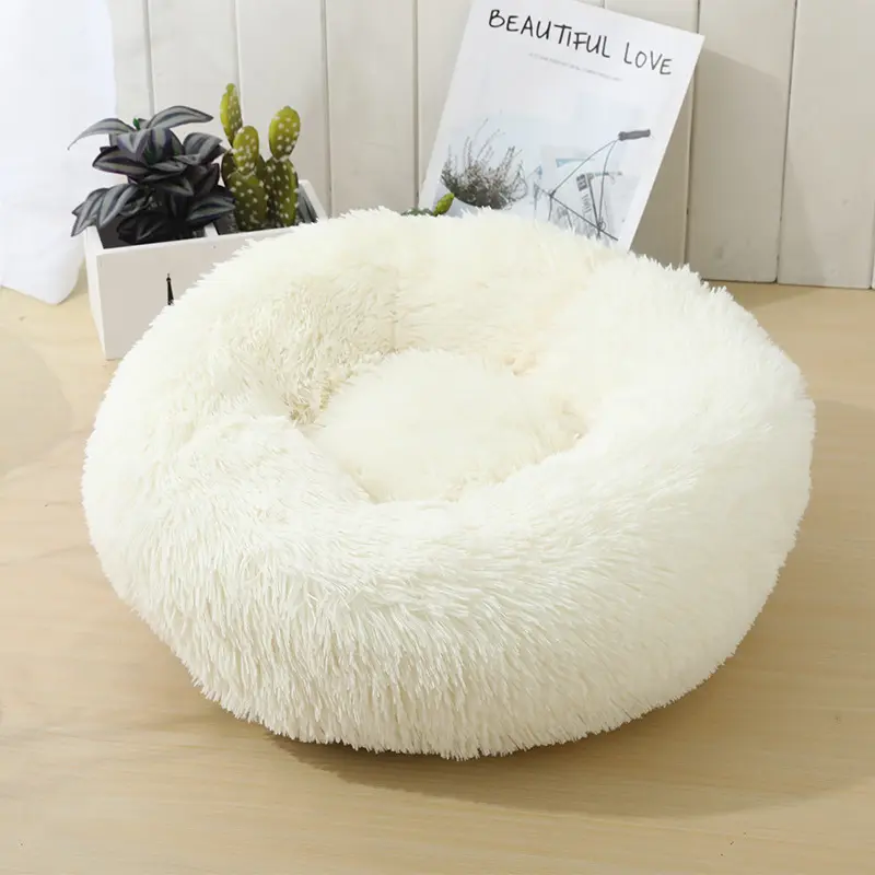 Cama de gato de pelúcia artificial personalizada, cama de pelúcia quente redonda e confortável lavável supermacia para animais de estimação