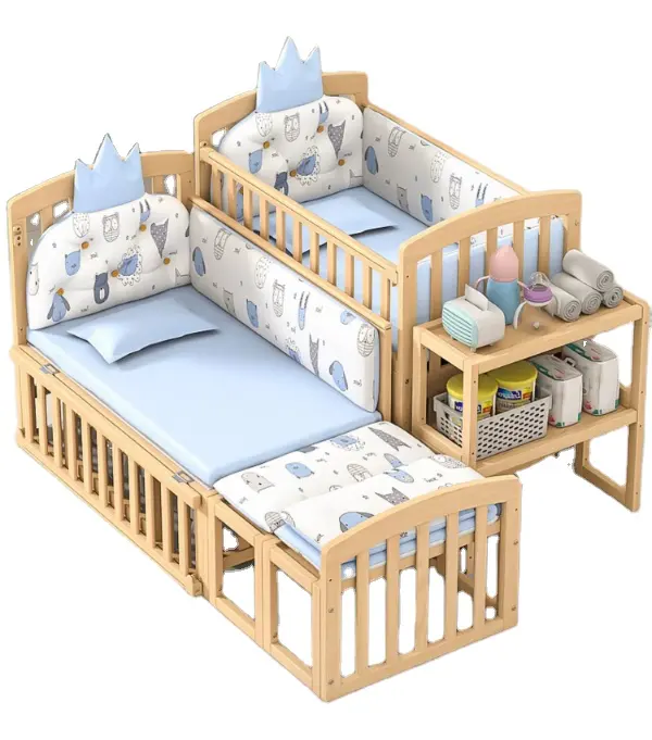 Berço de madeira barato multifuncional personalizável, mobília para quarto de bebê, cama de madeira Babi com conjunto de cama