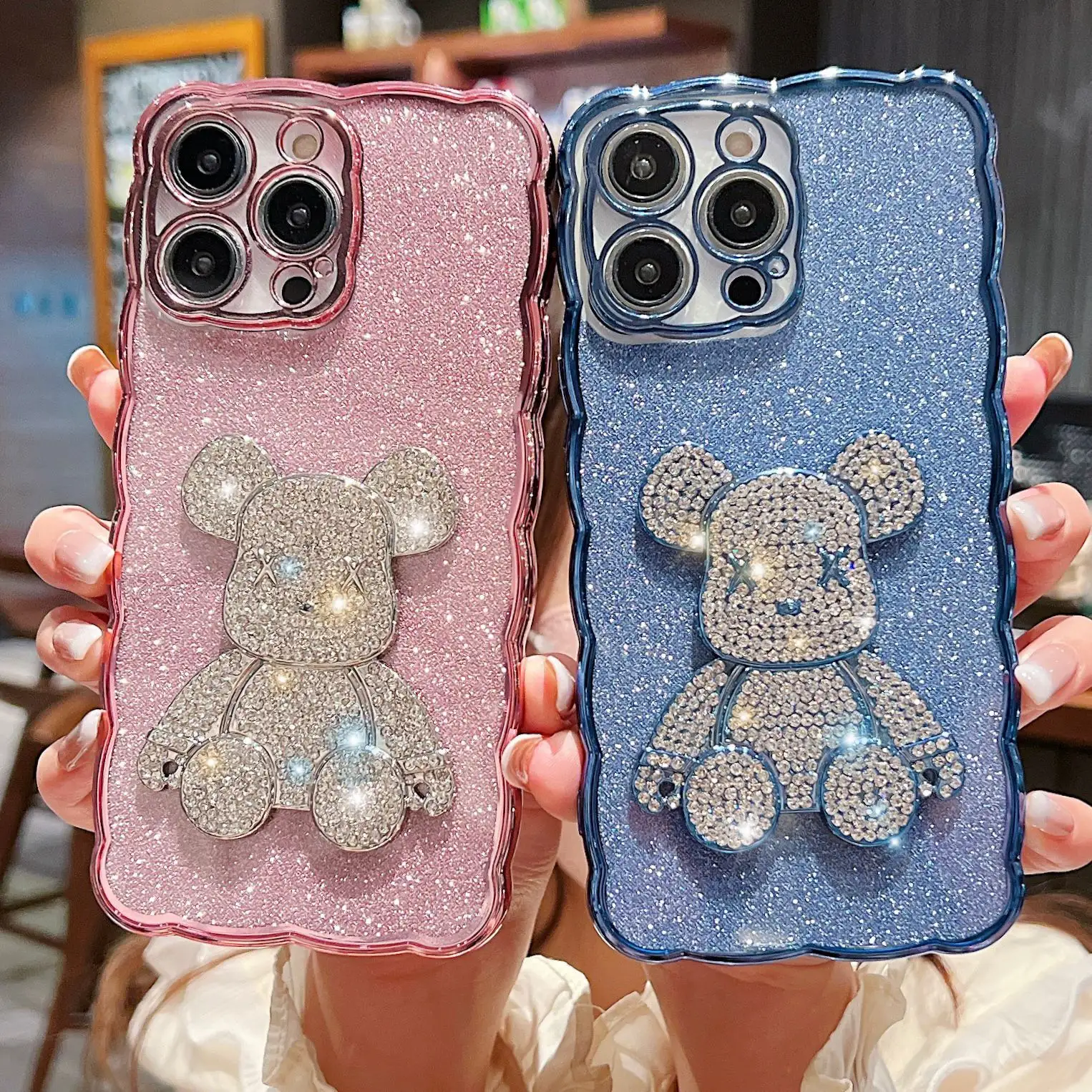 เคสโทรศัพท์ลายหมีกลิตเตอร์เพชรใสลายคลื่นอิเล็คโทรเพลทสำหรับ iPhone 11 12 13 14 PRO MAX XR XS